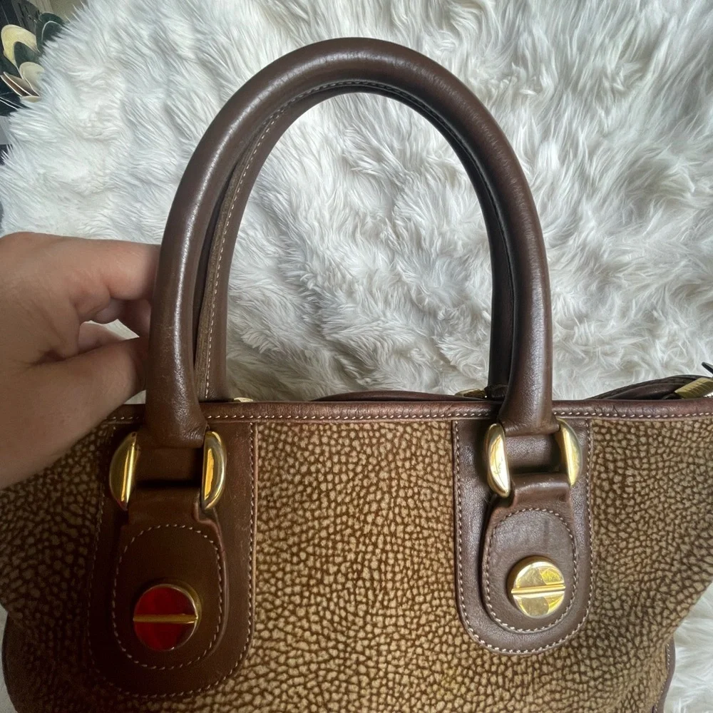 Borbonese Redwall Italy Leather Tote | Partridge Eye Textured | Brass | Vintage - Picture 9 of 13